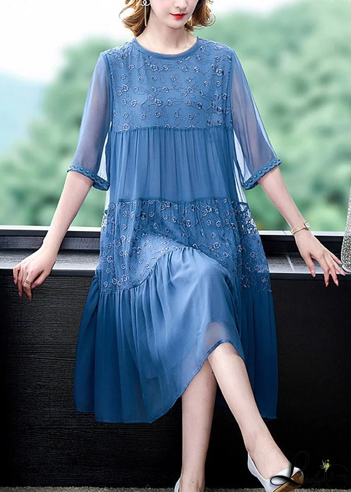 French Blue O-Neck Embroideried Patchwork Silk Long Dresses Summer