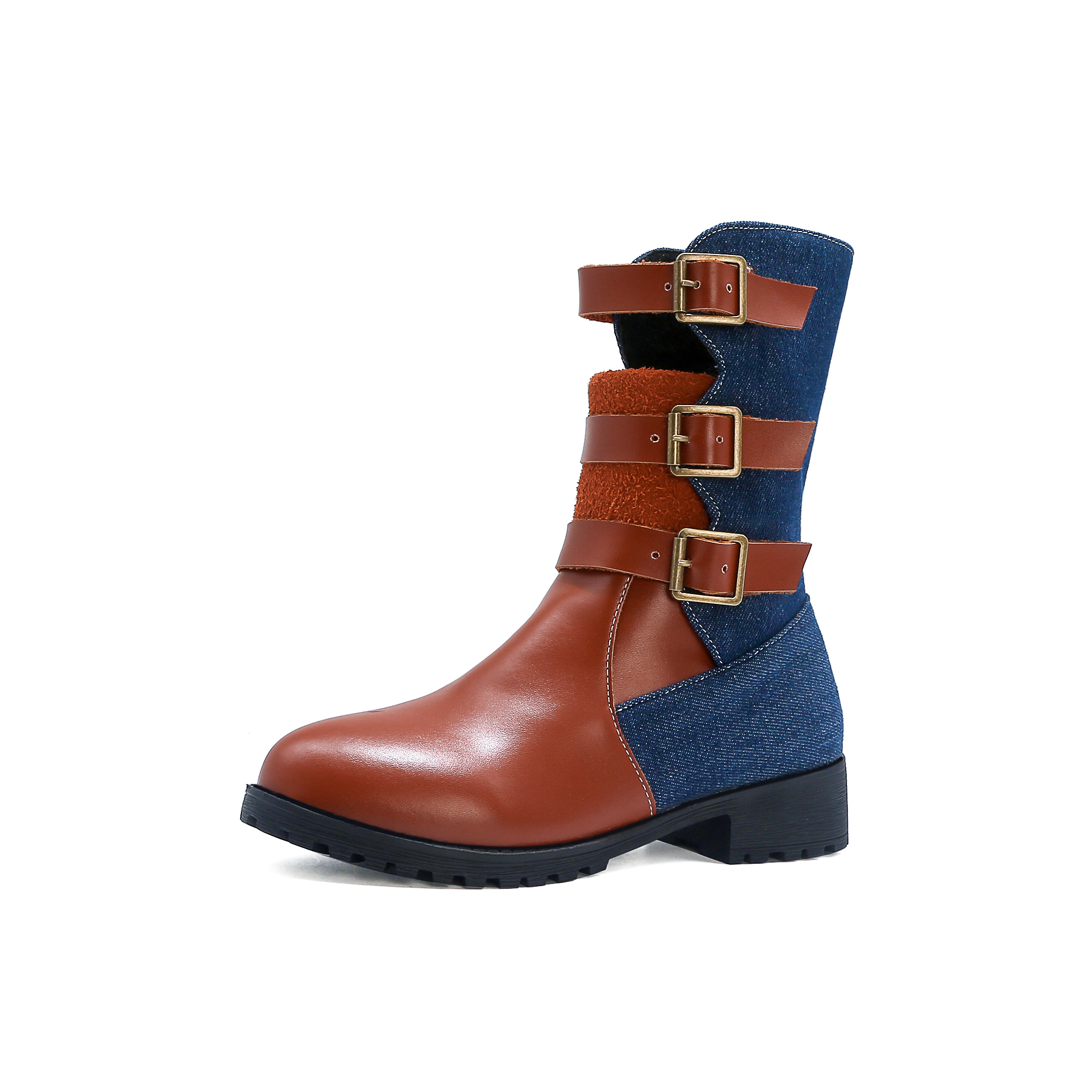 GOOSHOE Denim Stitching PU Three Row Metal Buckle Ankle Boots For Women Slip-On Short Boots