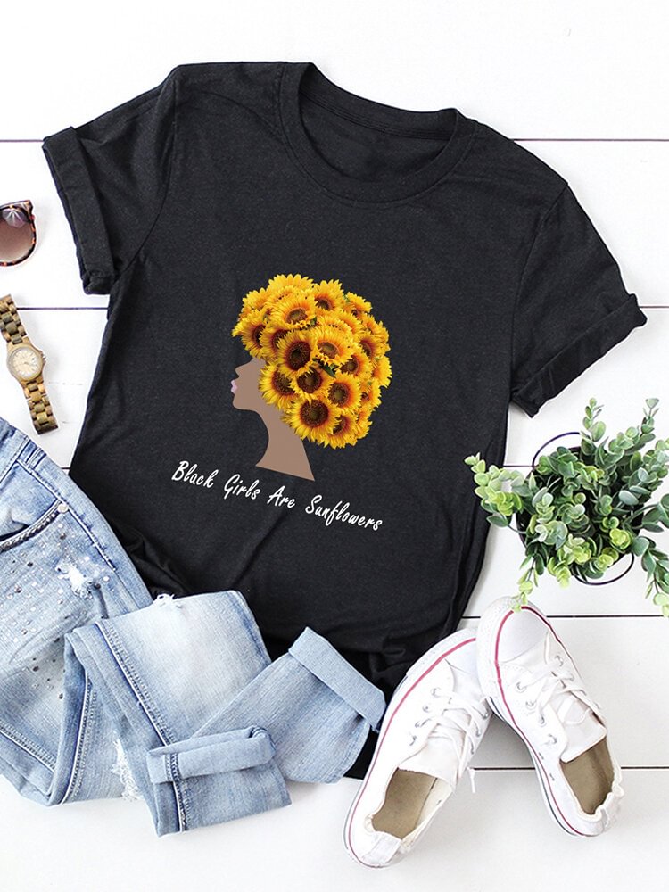 Sunflower Girl Print Short Sleeve T shirt For Women P1660457