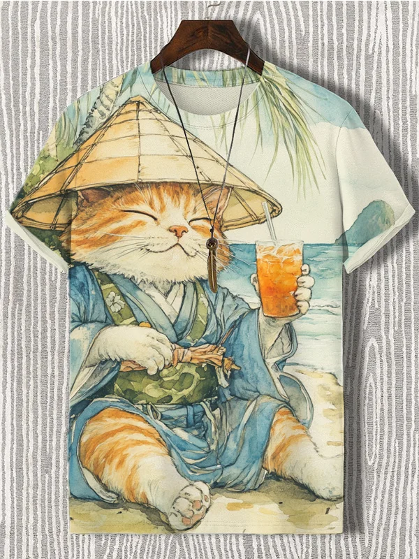 Men's Cute Kimono Cat Japanese Art Print Casual T-Shirt