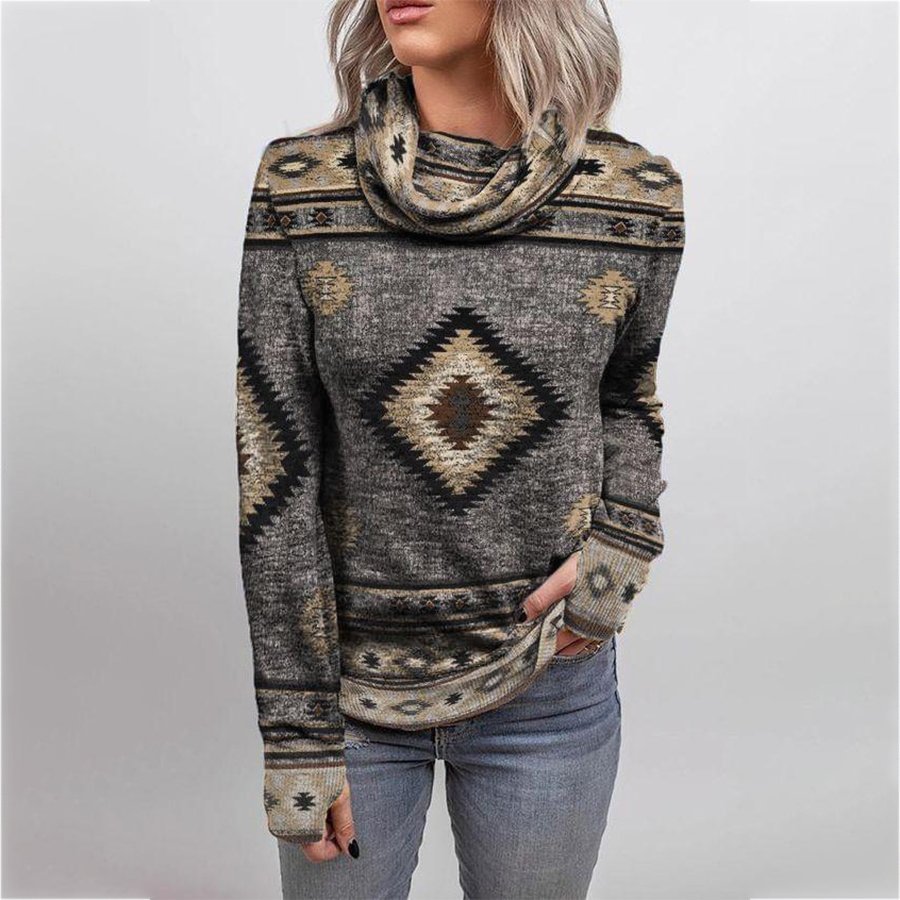 Ladies Vintage Western Printed Turtleneck Long Sleeve Top