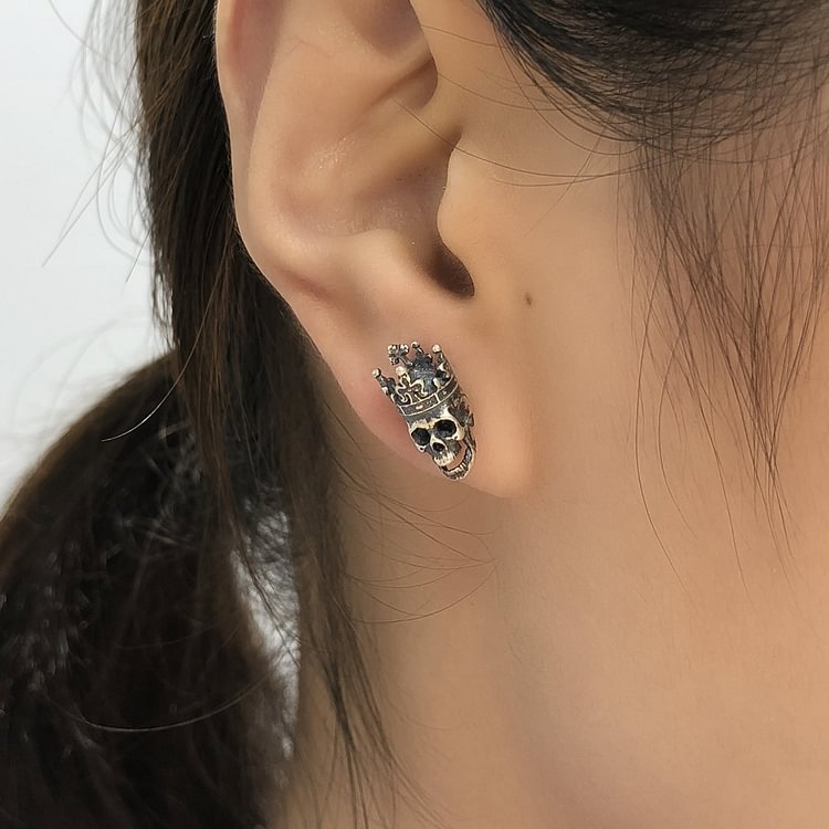 Silver Gothic Skull King Crown Stud Earrings