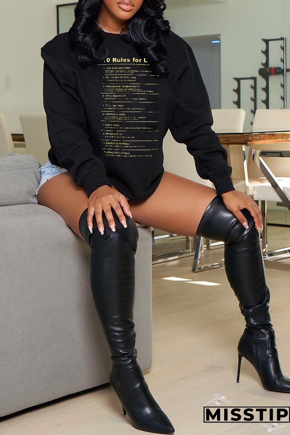 Blue Street Print Letter O Neck Tops