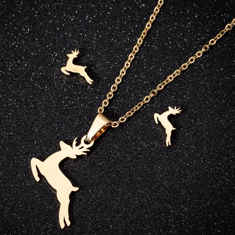 Fashion Deer 201 Stainless Steel 18K Gold Plated Earrings Necklace