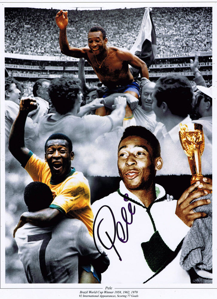 PELE Brazil Football Legend SIGNED 16x12 Photo Poster painting World Cup Montage AFTAL COA