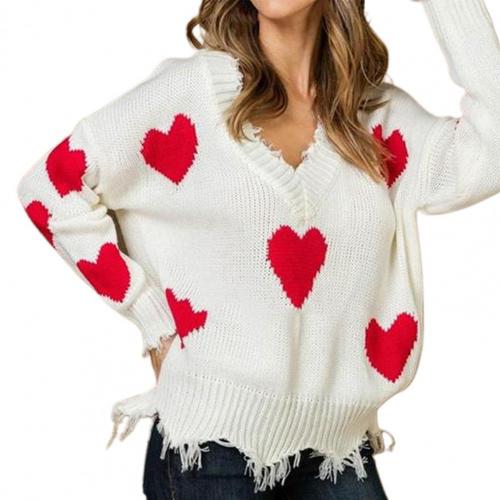 Women Loose Long Sleeve V Neck Knit Pullover Sweater Heart Patch Jumper Top