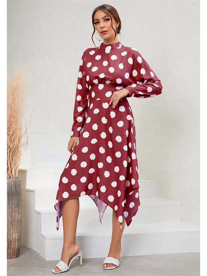 Casual Irregular Long Sleeve Polka Dot Dress-Hoverseek