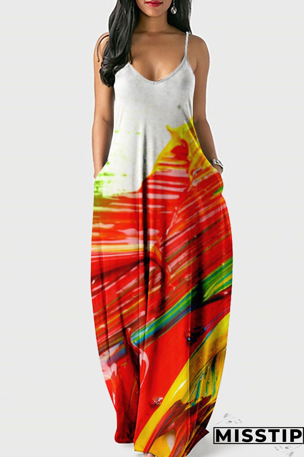 Red Street Print Patchwork Spaghetti Strap Lantern Dress Dresses