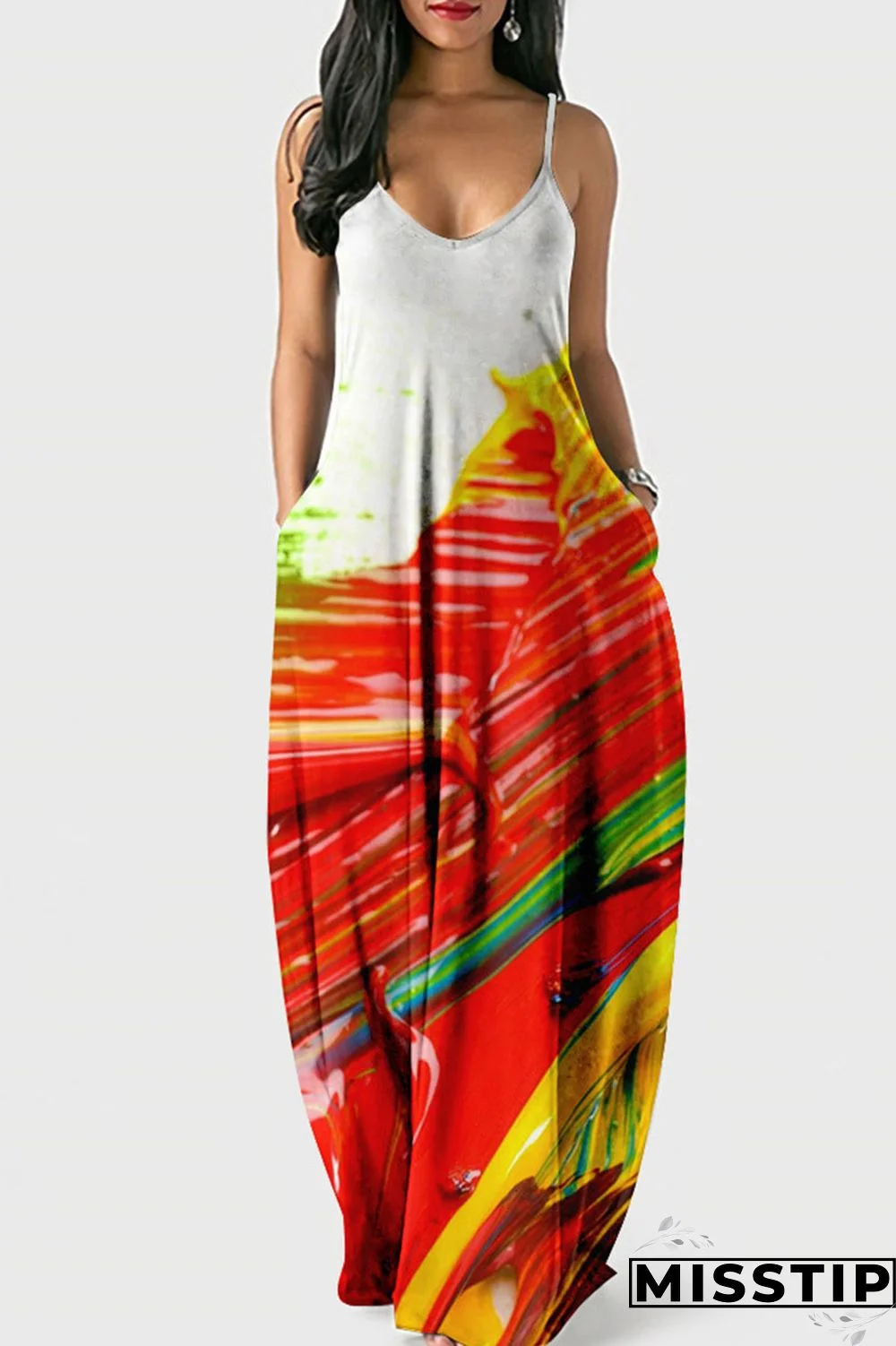 Red Street Print Patchwork Spaghetti Strap Lantern Dress Dresses