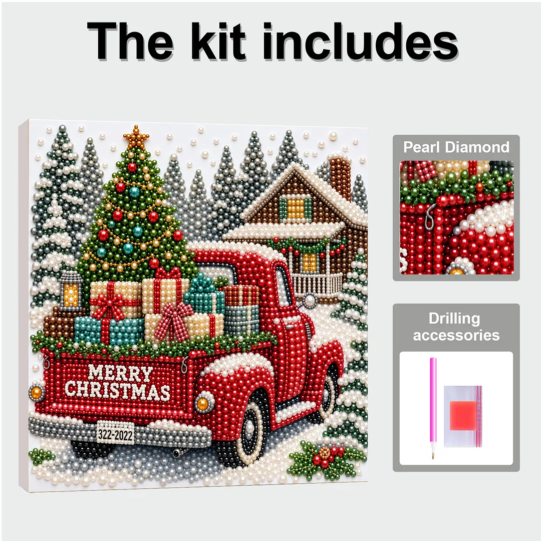 Framed Pearl Painting Kit Christmas Red Pickup Truck 20x20cm
