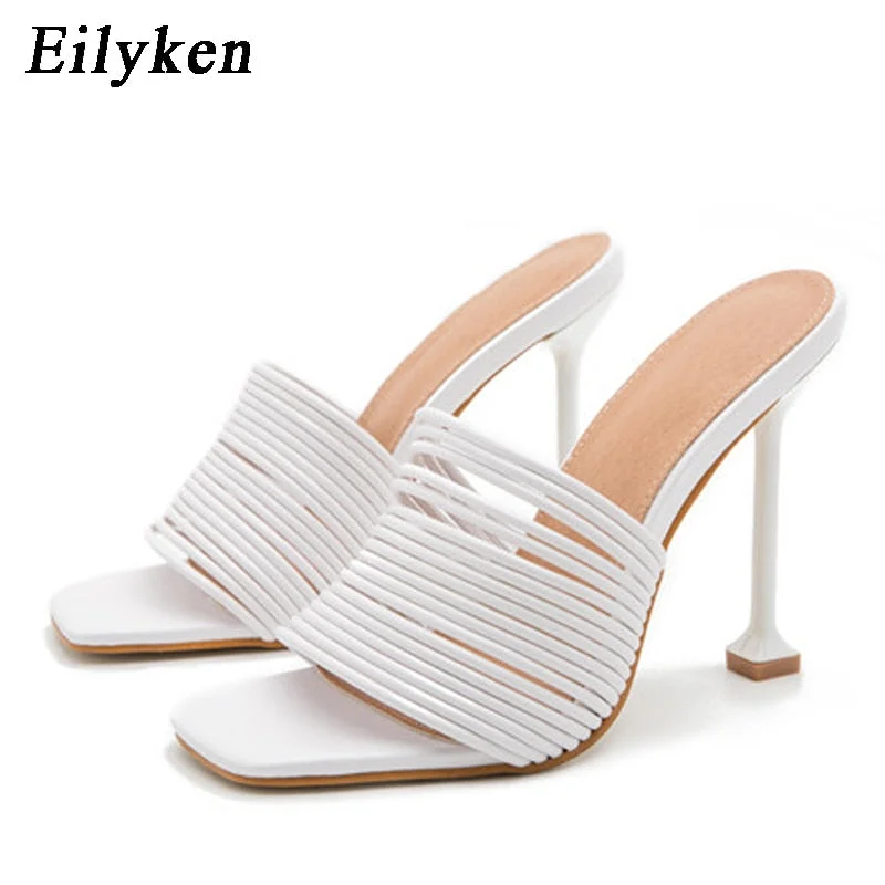 Eilyken Square toe Womens Slipper shoes Summer Mules Sandals Multi knot Sexy high heel Slides Ladies Rome shoes Women Slippers