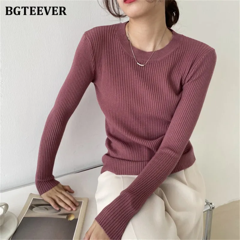 BGTEEVER Fashion New Autumn O-neck Slim Women Sweater 2021 Full Sleeve Stretched Casual Knitwear Skinny Female Knitting Tops