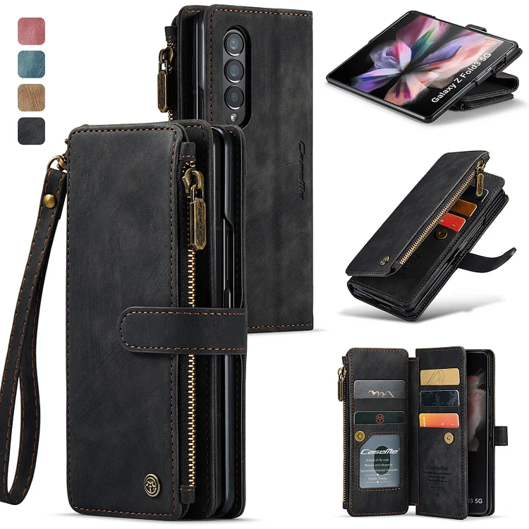 Magnetic Wallet Flip Lanyard Strap Wristlet Zipper Card Holder Case For Samsung Galaxy Z Fold 3/4/5
