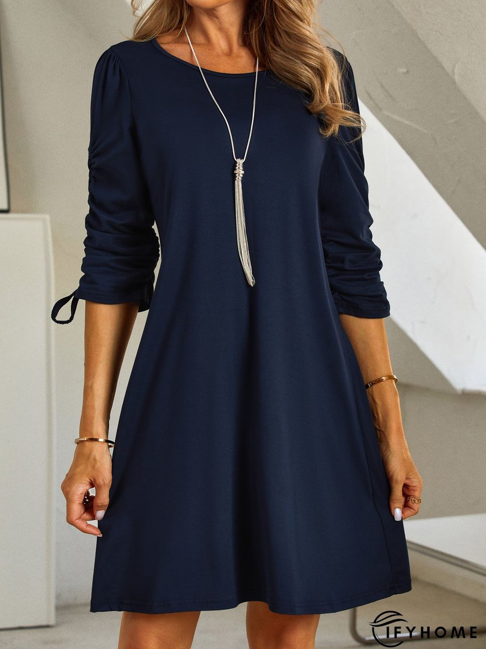 Casual Plain Crew Neck Tunic Dress | IFYHOME