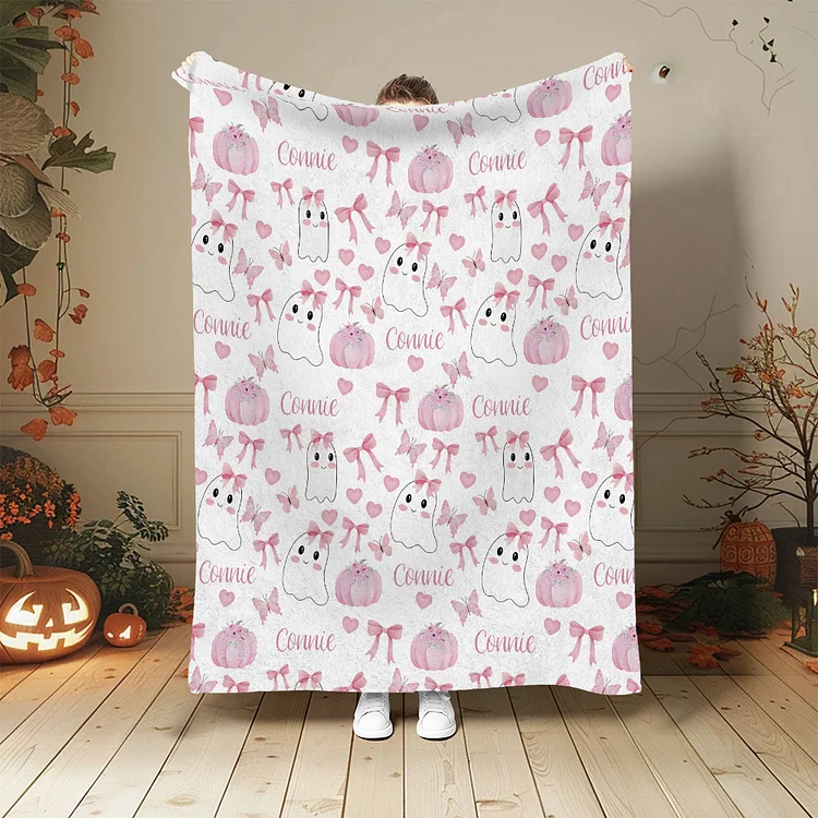 Personalized Blanket, Custom Blanket, Blanket for Kids, Custom Name Blanket, Halloween Blanket, Halloween Gift, Pink Ghost Balnket