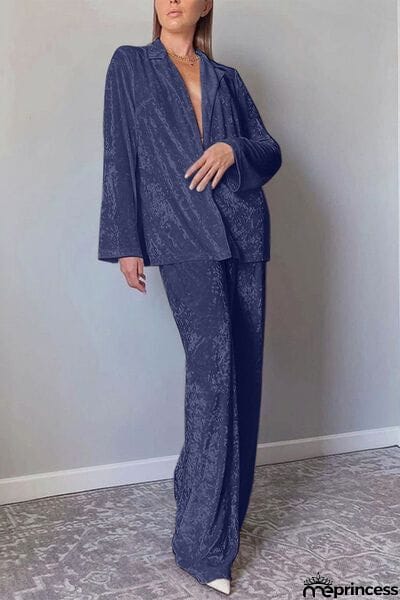 Open Front Collared Neck Top and Pants Set