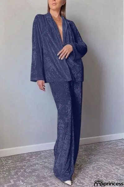 Open Front Collared Neck Top and Pants Set