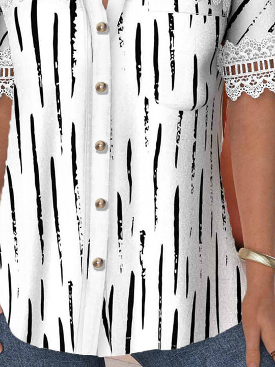 Women Short Sleeve V-neck Striped Printed Graphic Lace Hollow Stitching Button Tops