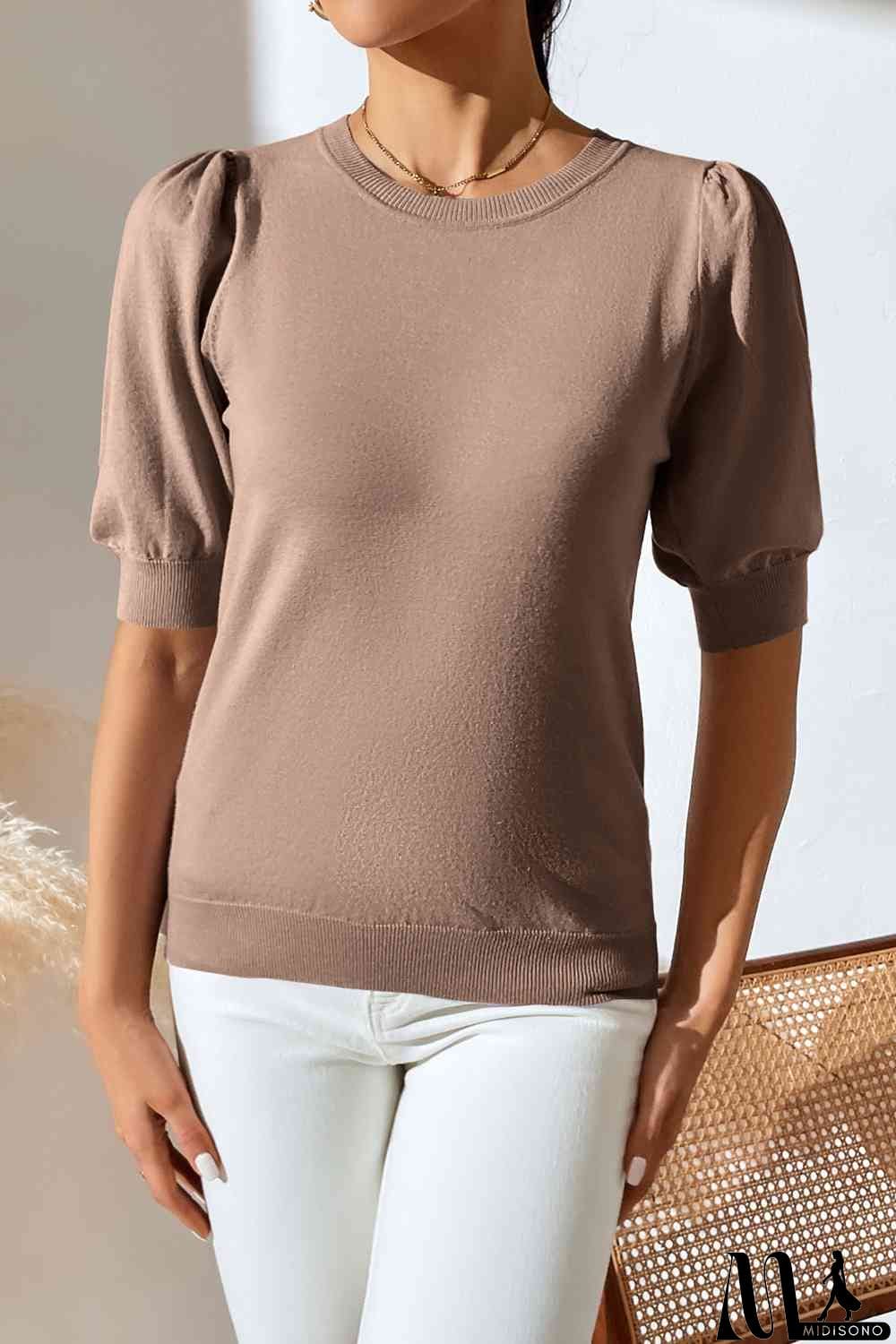 MidiSono - Round Neck Puff Sleeve Knit Top