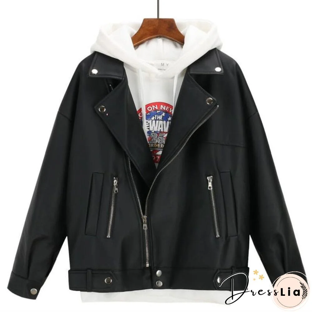 New Arrival Women Autumn Winter Leather Jacket Oversized Boyfriend Korean Style Female Faux Coat Outwear Black Bike Jacket
