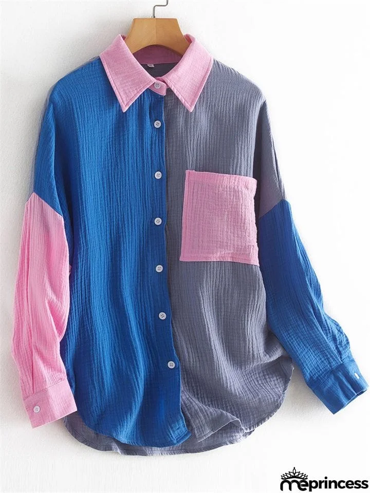 Vibrant Women's Contrast Color Lapel Long Sleeve Button Down Shirt