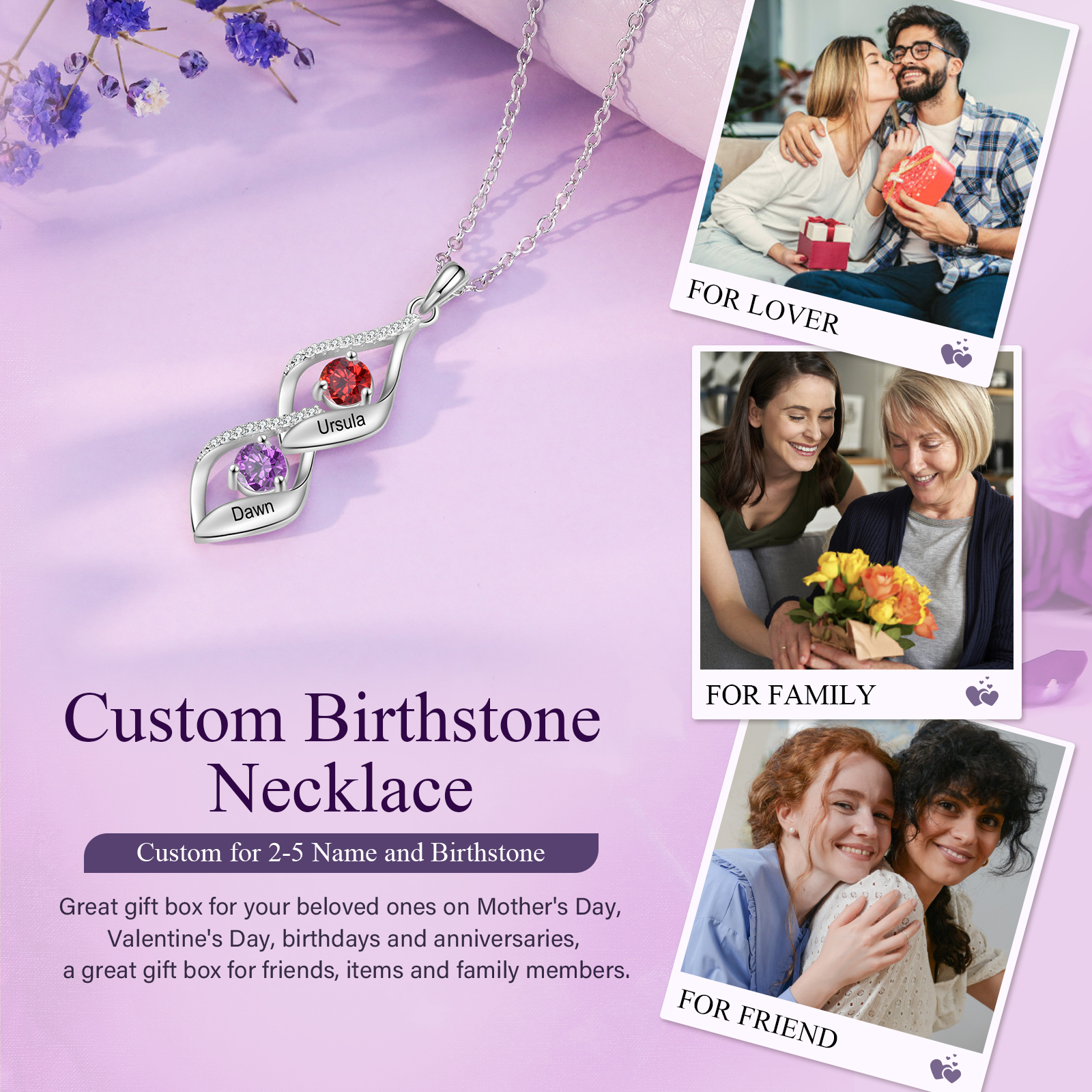 2 Names - Personalised Pendant Necklace Custom Birthstones & Names Necklace Birthday Gift for Her-Jessemade AU