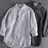 Casual Striped Washed Linen Breathable 3/4 Sleeve Vacation Shirt