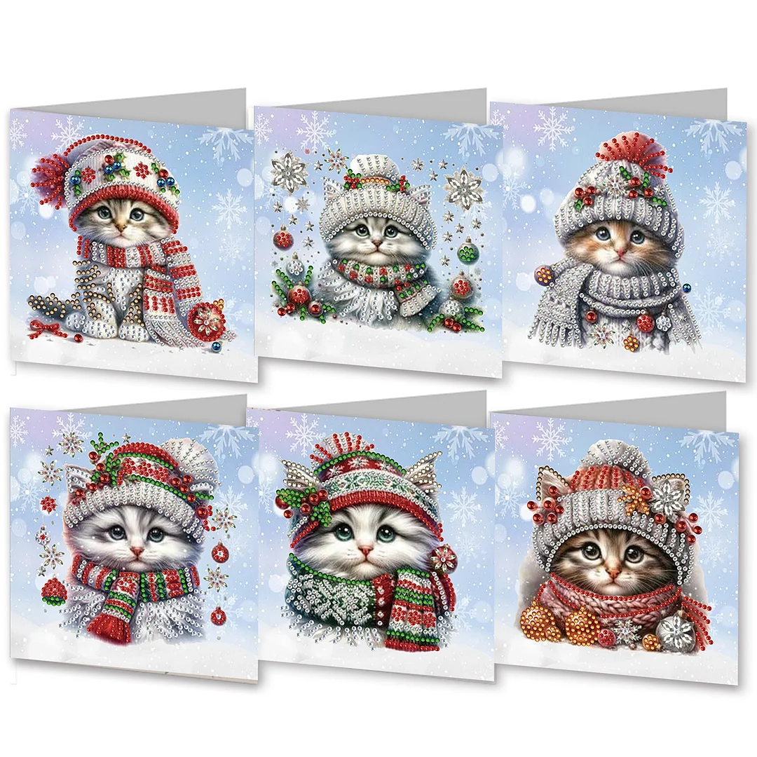 6Pcs Christmas Cat DIY Diamond Painting Card for Friends Family Gift