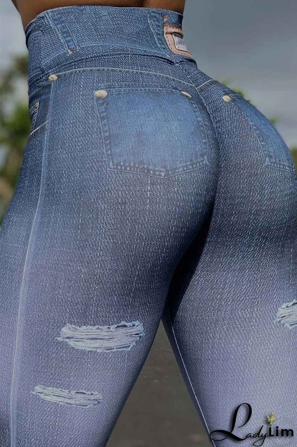 Blue Fashion Casual Sportswear Print Split Joint Skinny High Waist Pencil Trousers