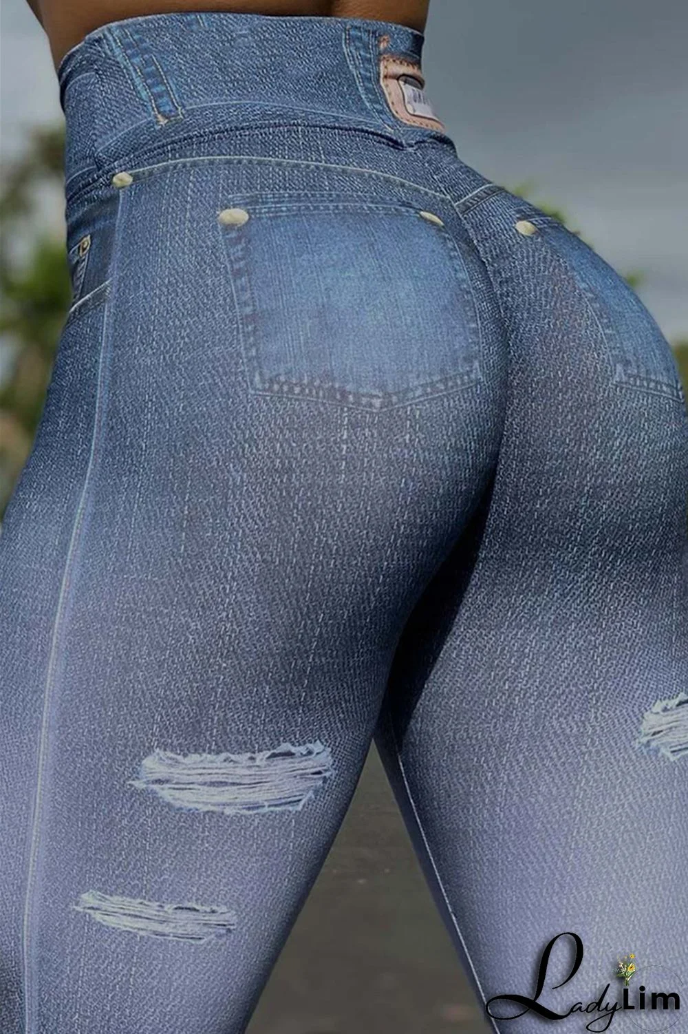 Blue Fashion Casual Sportswear Print Split Joint Skinny High Waist Pencil Trousers