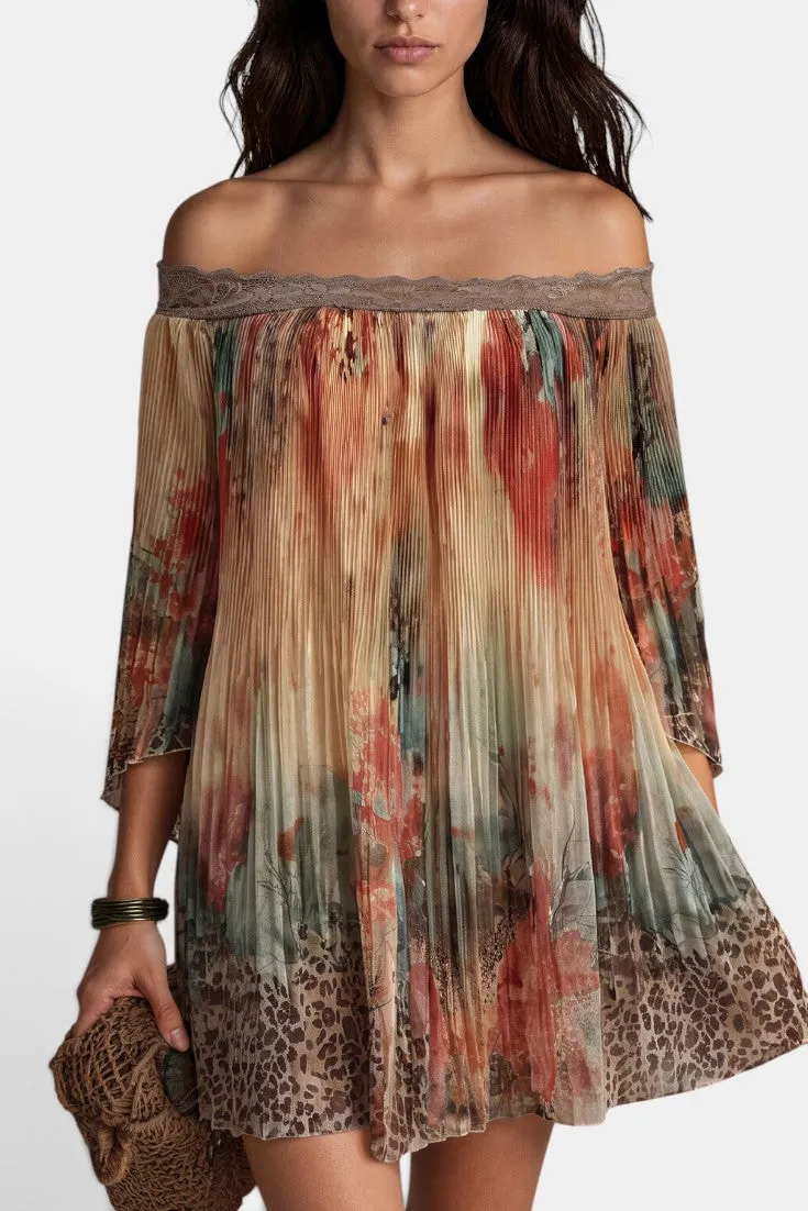 Off-Shoulder Pleated Dress with Artistic Print
