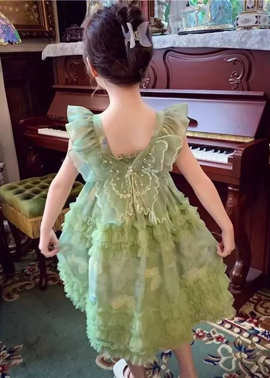 Stylish Green Bow Tulle Patchwork Girls Long Dress Summer