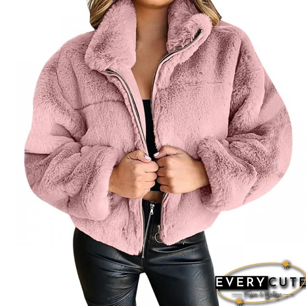 Pink Faux Rabbit Fur Zipper Warm Coat
