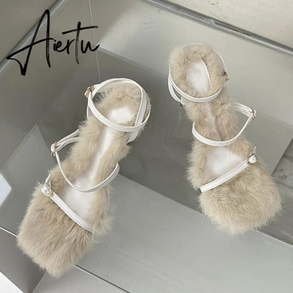 New Brand Chic Fluorescent green Plush Fur Fuzzy Sandals Women Low Thin Heels Fashion Clip Toe Ankle Lace Up Slides Shoes Aiertu