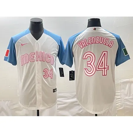Men's Mexico Baseball #34 Fernando Valenzuela 2023 White Blue World Baseball Classic Stitched Jersey Z1SP