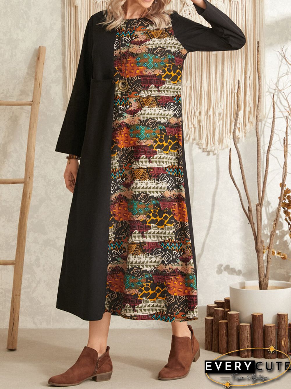 Tribal Pattern Long Sleeve O-neck Pocket Maxi Dress