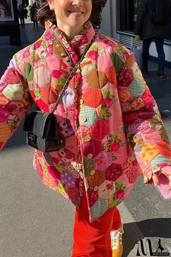 MidiSono - Vintage Roses Patchwork Print Ruffle Trim Quilted Cotton Jacket