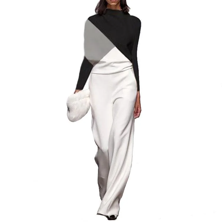 Black and white color matching long-sleeved creative jumpsuit