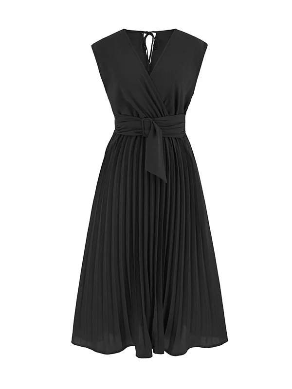 Sleeveless Pleated Solid Color Tied Waist V-Neck Midi Dresses