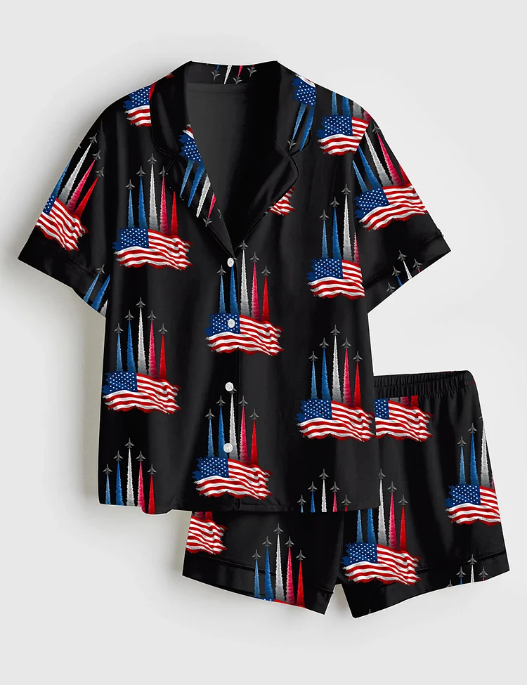 Women&rsquo;s Realistic Jet Planes Patriotic 4th Of July Shirt Bold American Flag Art Print Short Sleeve Satin Pajama Set