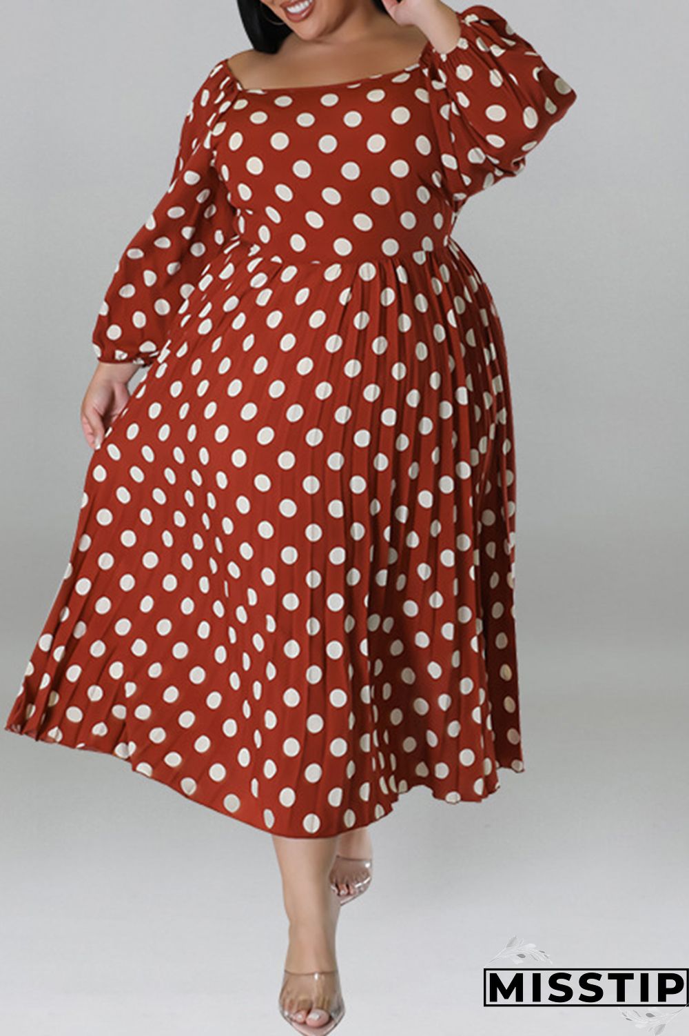 Black Casual Dot Print Patchwork Backless O Neck Long Sleeve Plus Size Dresses (Without Belt)