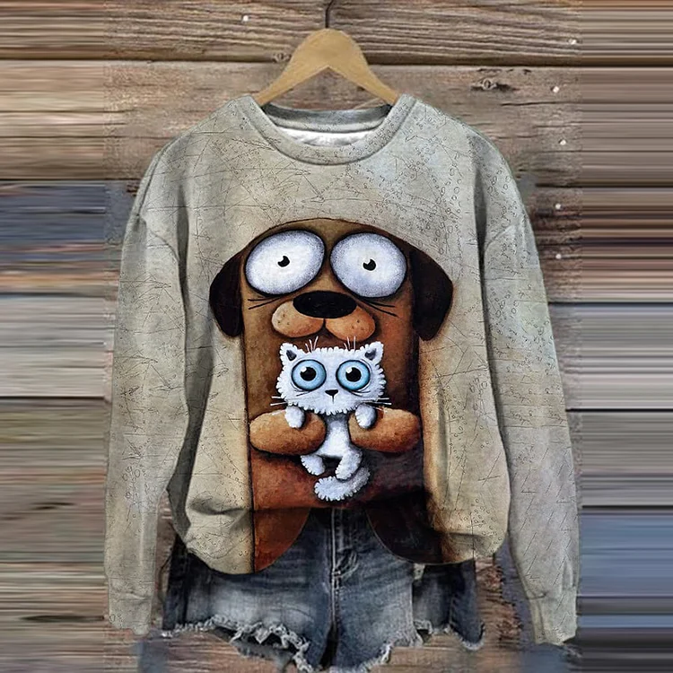 Comstylish Cute Dog Print Crew Neck Sweatshirt