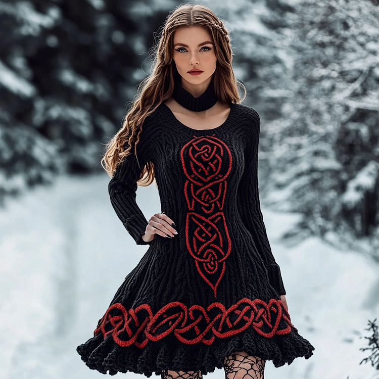 Utbros Women's Viking Celtic Knot Jacquard Knit Sweater Dress