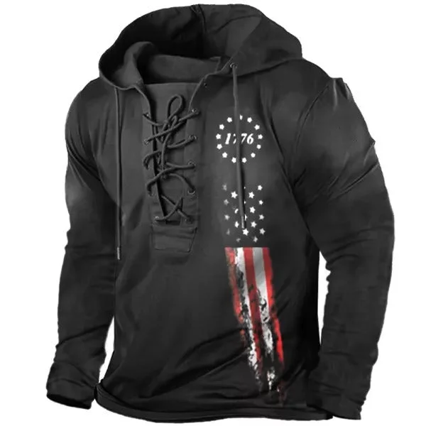 Mens Outdoor Vintage Tie National Flag Tactical Classic Long Sleeve Hooded