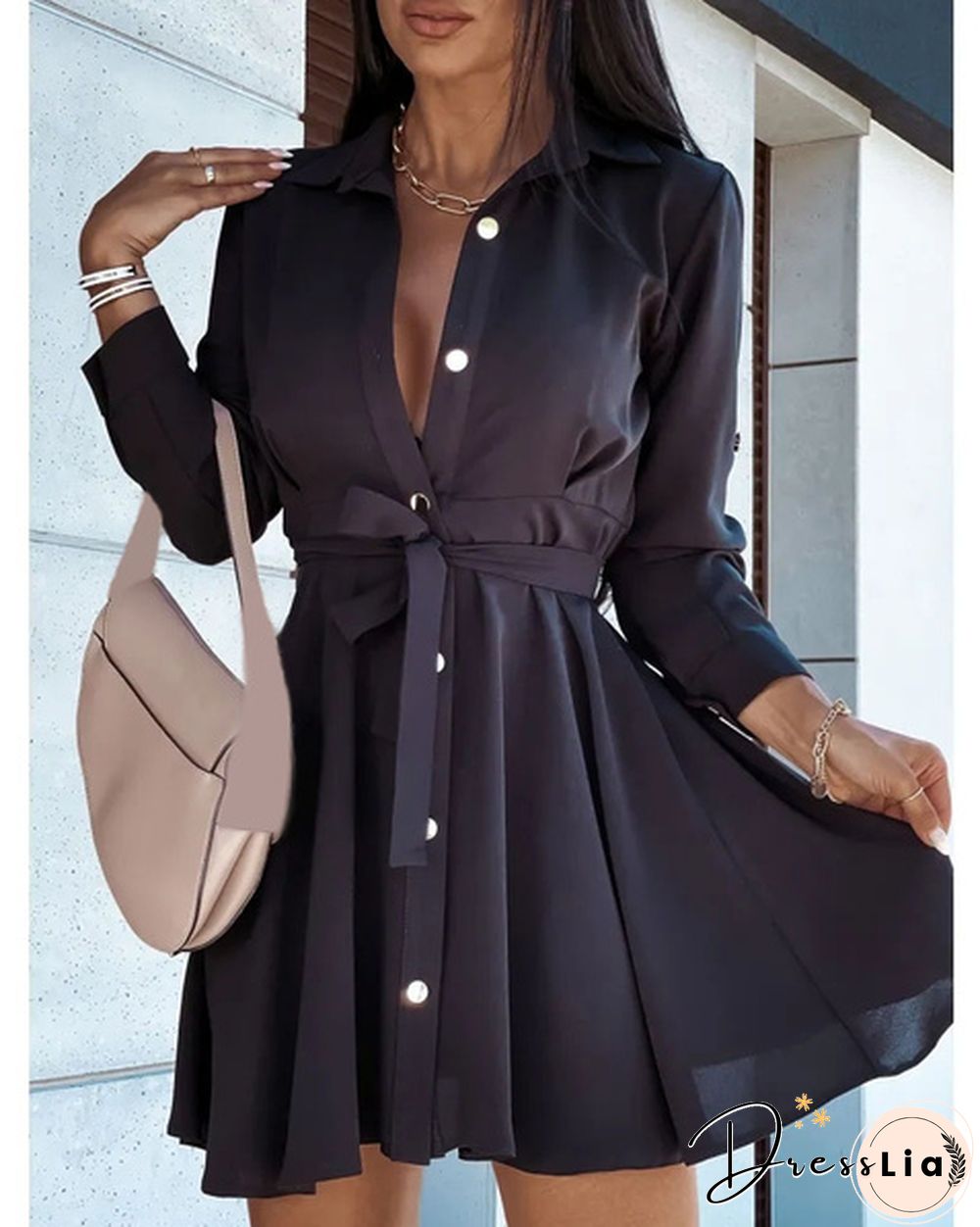 Turn-down Collar Long Sleeves Buttons Shirt Dress Women Fashion Collect Waist A Line Dress Elegant Ladies Dresses