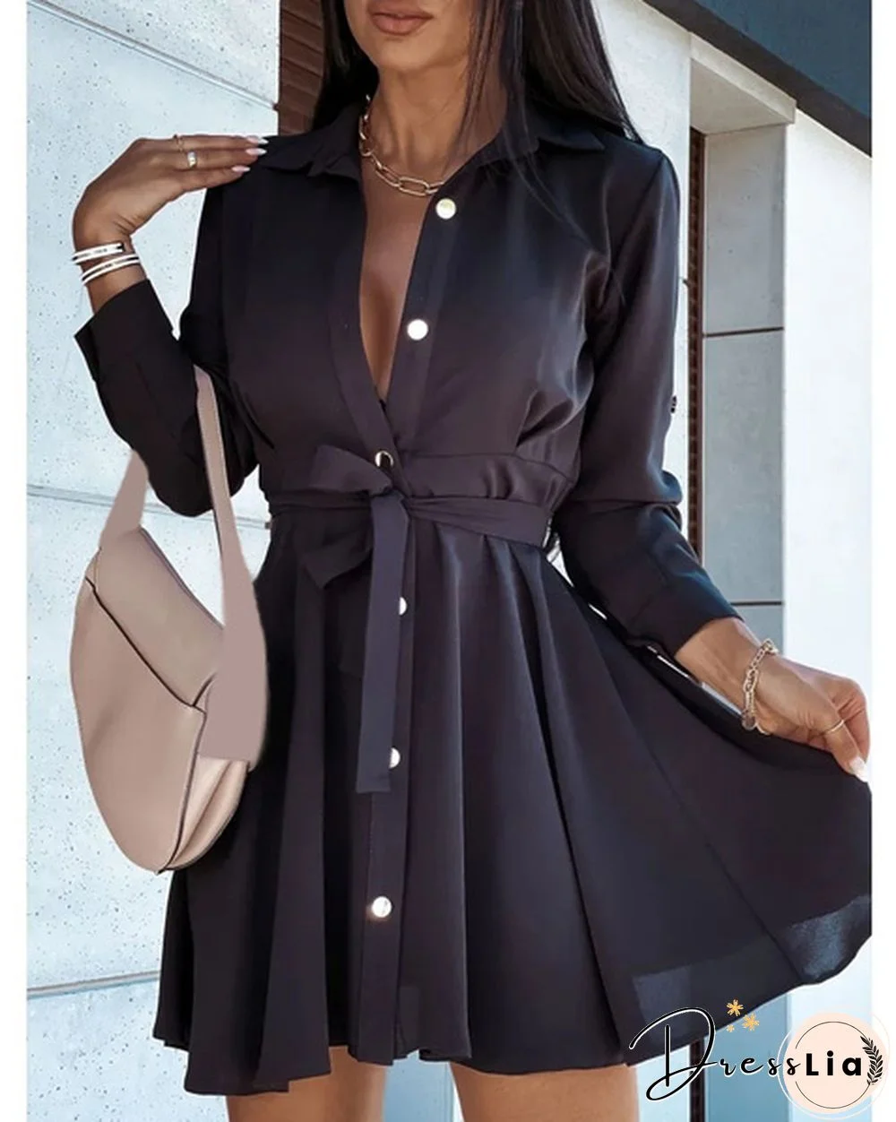 Turn-down Collar Long Sleeves Buttons Shirt Dress Women Fashion Collect Waist A Line Dress Elegant Ladies Dresses