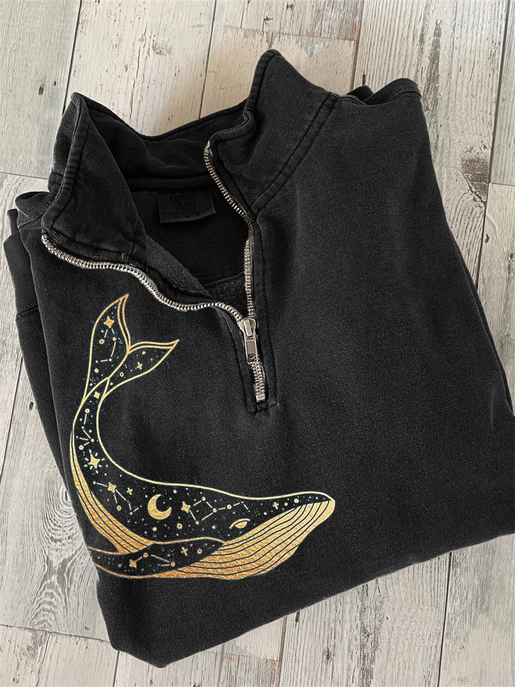 Celestial Whale Gold Art Zip Up Sweatshirt  artssus