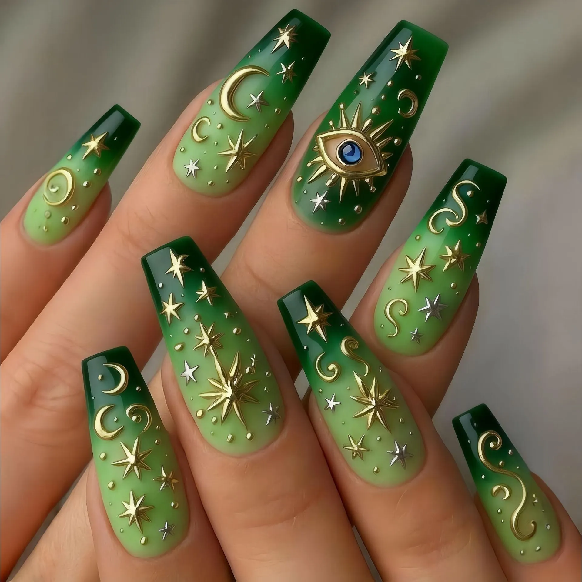 24pcs/Set Green Gradient Stars & Moon Press-On Nails