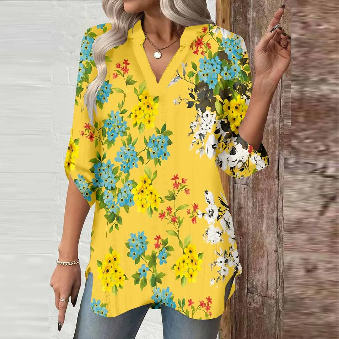Women Floral,Yellow,Blue DZGA0723 3/4 Sleeve V-neck Printed Graphic Button Tops