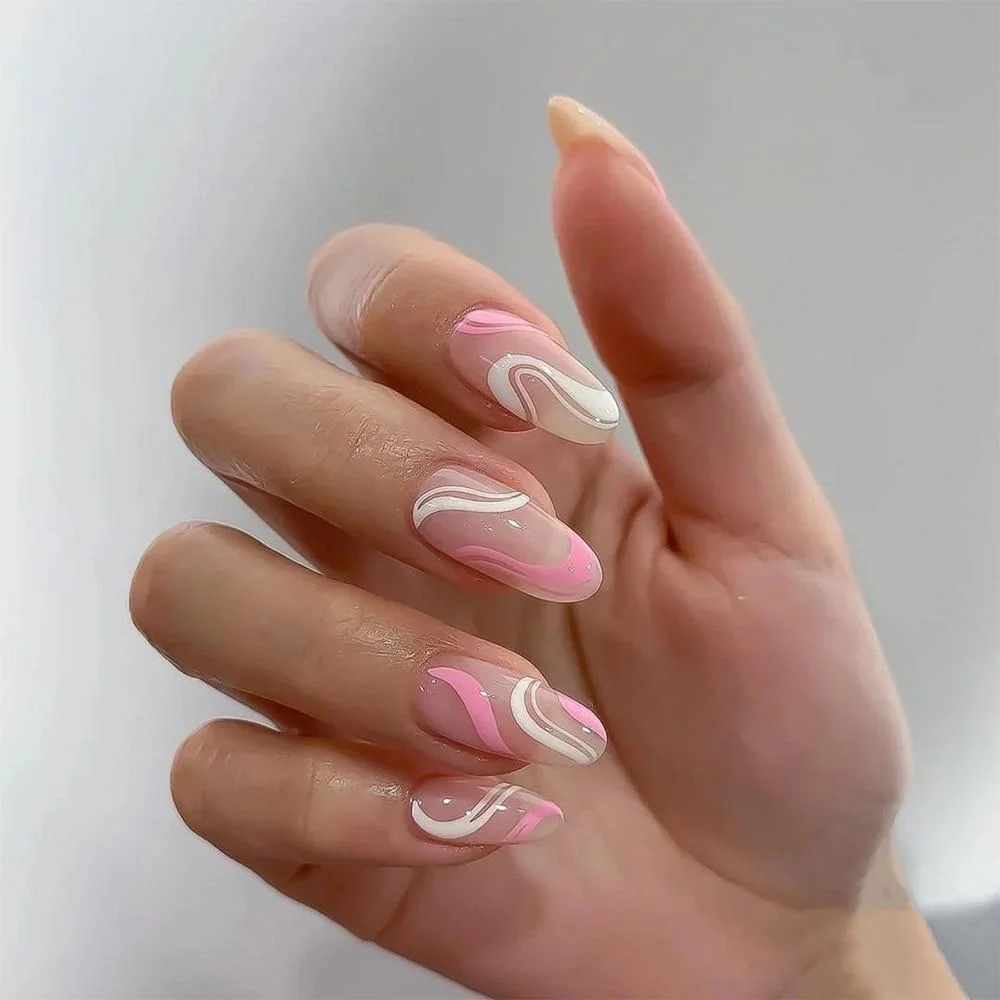 24Pcs/Box Detachable Almond Pink And White False Nails Wavy Style Stiletto Fake Nails Ballerina Coffin Full Cover Manicure Tool 0917 1108